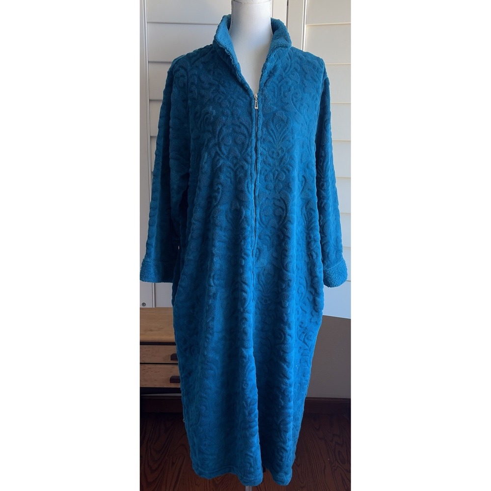 Miss Elaine Petites PL Teal Plush Fleece Long Zip Robe Embossed Floral Pockets